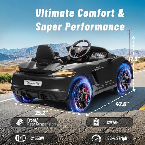 12 فولت ركوب على سيارة بورش 718 ، سيارة كهربائية للأطفال مع التحكم عن بعد ، ضوء LED الأمامي/الخلفي ، الراديو ، USB/AUX ، الأبواب المفتوحة ، وظيفة التعليق ، إطارات متينة (أسود) in Kuwait