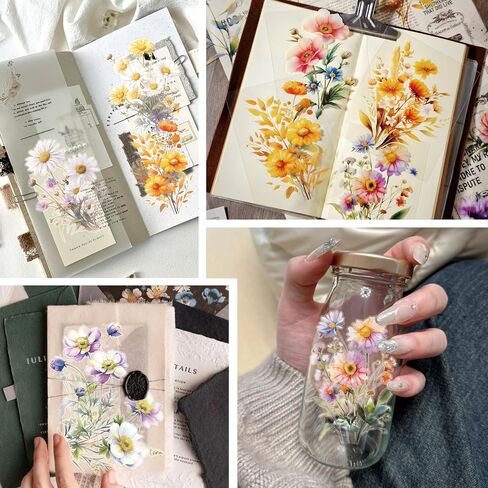 128 PCS ملصقات زهرة ثلاثية الأبعاد كبيرة - شارات عتيقة مقاومة للماء مع إحباط الذهب للمجلات ، سجلات القصاصات والديكور الغرفة | مجموعة هدايا مجمعة نباتية للمعلمين ، وإمدادات الحرف الجمالية in Kuwait
