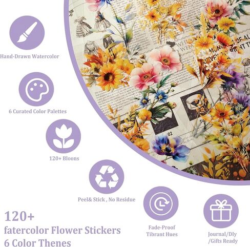 128 PCS ملصقات زهرة ثلاثية الأبعاد كبيرة - شارات عتيقة مقاومة للماء مع إحباط الذهب للمجلات ، سجلات القصاصات والديكور الغرفة | مجموعة هدايا مجمعة نباتية للمعلمين ، وإمدادات الحرف الجمالية in Kuwait