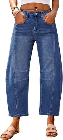Genleck Barrel Jeans Women Wide Leg Cropped Jeans High Waisted Baggy Boyfriend Mom Denim Ankle Pants with Pockets in Saudi Arabia