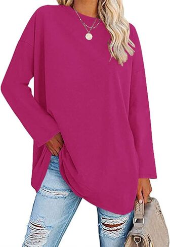 Women's Long Sleeve T Shirts Loose Casual Crewneck Tunic Tops Soft Blouse Oversized Sky-Blue Medium in Kuwait