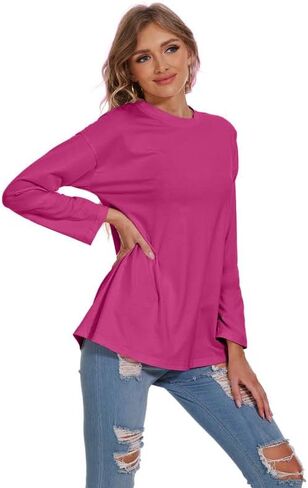 Women's Long Sleeve T Shirts Loose Casual Crewneck Tunic Tops Soft Blouse Oversized Sky-Blue Medium in Kuwait