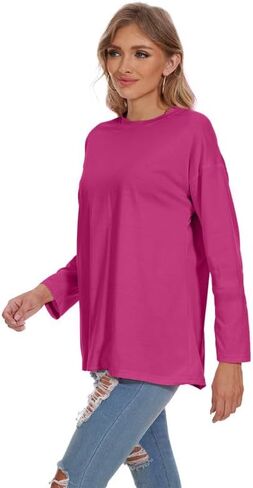 Women's Long Sleeve T Shirts Loose Casual Crewneck Tunic Tops Soft Blouse Oversized Sky-Blue Medium in Kuwait