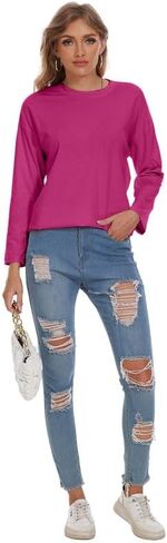 Women's Long Sleeve T Shirts Loose Casual Crewneck Tunic Tops Soft Blouse Oversized Sky-Blue Medium in Kuwait