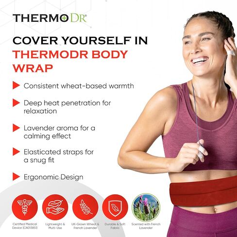 Wheat Bags Microwavable Heating Pad for Neck, Back & Shoulders - Heating Bean Bag Microwavable Pillow w/Elasticated Strap - UK Cleaned Wheat & Lavender Aromatherapy Heating Pad Wrap - ThermoDR, Black in Saudi Arabia