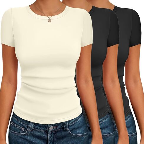 Ekouaer Women's Basic T Shirts 3 Pack Short Sleeve Slim Fit Tops Crew Neck Tight Tee Y2k Trendy Thermal in Saudi Arabia