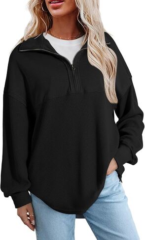 SHEWIN Womens Sweatshirt Casual Waffle Knit Half Zip Pullover Loose Long Sleeve Tops Fall Outfit Clothes 2024 in Saudi Arabia