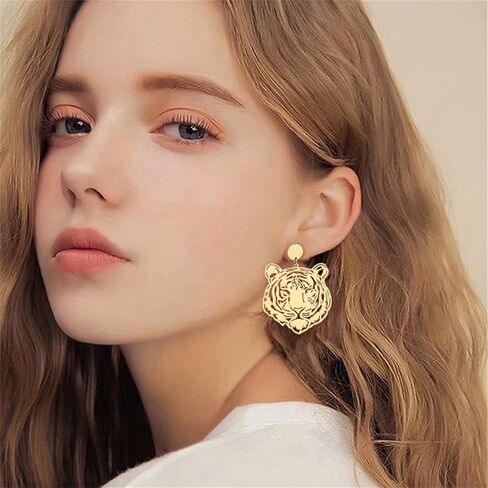 Gold Tiger Earrings Handmade Mascot Football Team Spirit Earrings Fashion Retro Animal Inspired Jewelry Bohemian Lucky Gift (Tiger) in Kuwait