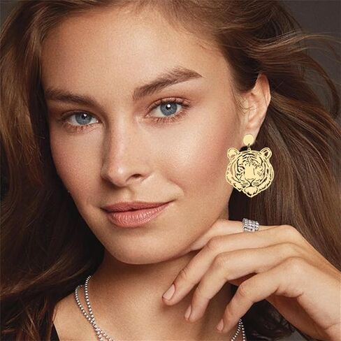 Gold Tiger Earrings Handmade Mascot Football Team Spirit Earrings Fashion Retro Animal Inspired Jewelry Bohemian Lucky Gift (Tiger) in Kuwait