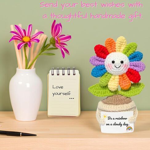 Emotional Support Crochet Flower in Rainbow Colors with Encouragement Card – Handmade Plush Decoration Gift for Desk, Office, Home – Thoughtful Gift for Women, Friends, Coworkers in Kuwait