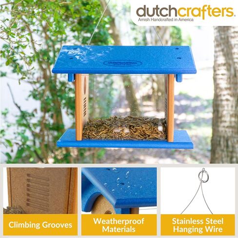 Hanging Bluebird Feeder for Mealworms with 1 1/2" Entrance Hole, Outdoor Live or Dried Mealworm Feeder for Bluebirds - Amish USA Made (Gray & Blue) in Saudi Arabia