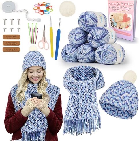 Katech Crochet Kit for Beginners-Crochet Kit للبالغين والأطفال يتعلمون قبعة Beanie Crochet Granny Square ، مجموعة كاملة لممارسة وشاح مع تعليمات خطوة بخطوة 8 مزيج من خيوط Lightblue in Kuwait