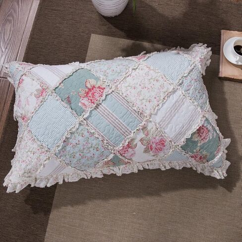 طقم لحاف مفرش سرير من القطن المرقعة من DaDa Bedding Cottage - لمسة من النعناع الأنيق المبطن حديقة مزهرة نباتية - متعدد الألوان كشكش باستيل وردي فاتح أزرق / أخضر - Cal King - 3 قطع in Kuwait
