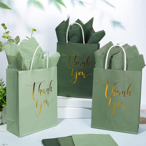 Whaline 30pcs عيد القديس باتريك سيج أخضر شكرا لك حقائب الهدايا الورقية 3 ألوان رقائق الذهب شكرا لك الحفلات حقائب مع مقبض و 40 ورقة ورقة لالتفاف هدية حفلة عيد ميلاد الزفاف in Saudi Arabia