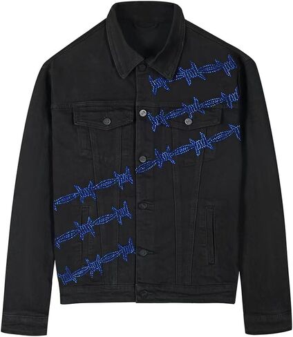 Men's Slim Fit Stretch Denim Jacket, Long Sleeve Streetwear Jean Jackets For Man, Crystal Rhinestone Embellished Black Coat in Saudi Arabia