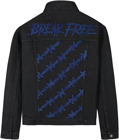 Men's Slim Fit Stretch Denim Jacket, Long Sleeve Streetwear Jean Jackets For Man, Crystal Rhinestone Embellished Black Coat in Saudi Arabia