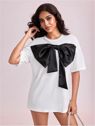 SweatyRocks Women's Bow Twist Front T Shirts Crew Neck Short Sleeve Tee Tops in Saudi Arabia