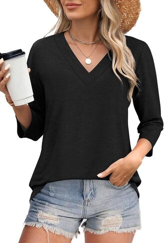 WIHOLL 3/4 Length Sleeve Womens Tops V Neck Casual Tunic Tops Basic Shirts Loose Fit Blouse in Saudi Arabia