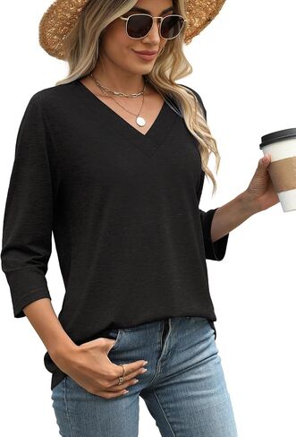 WIHOLL 3/4 Length Sleeve Womens Tops V Neck Casual Tunic Tops Basic Shirts Loose Fit Blouse in Saudi Arabia