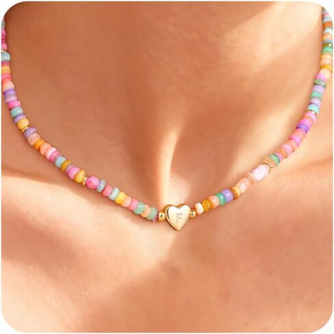 Initial Necklaces for Women Trendy,14k Gold Plated A-Z Personized Custom Heart Letter Pendant Colorful Boho Bead Necklace Dainty Gold Necklace Summer Jewelry for Birthday Gift in Saudi Arabia