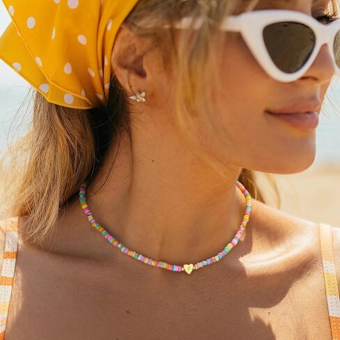 Initial Necklaces for Women Trendy,14k Gold Plated A-Z Personized Custom Heart Letter Pendant Colorful Boho Bead Necklace Dainty Gold Necklace Summer Jewelry for Birthday Gift in Saudi Arabia