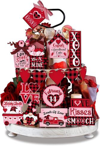 Ferraycle 24 Pcs Valentine's Day Tiered Tray Decorations Farmhouse Gnome Heart Wooden Table Sign Rustic Tiered Tray Decorations for Home Decor(Cute) in Kuwait