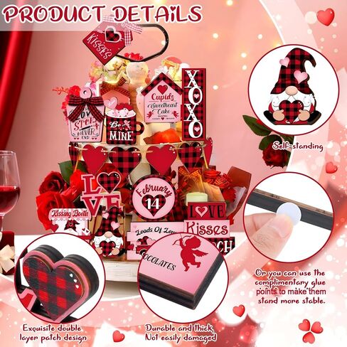 Ferraycle 24 Pcs Valentine's Day Tiered Tray Decorations Farmhouse Gnome Heart Wooden Table Sign Rustic Tiered Tray Decorations for Home Decor(Cute) in Kuwait