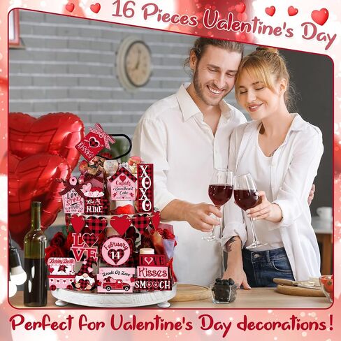 Ferraycle 24 Pcs Valentine's Day Tiered Tray Decorations Farmhouse Gnome Heart Wooden Table Sign Rustic Tiered Tray Decorations for Home Decor(Cute) in Kuwait