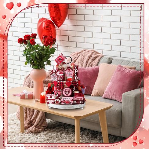 Ferraycle 24 Pcs Valentine's Day Tiered Tray Decorations Farmhouse Gnome Heart Wooden Table Sign Rustic Tiered Tray Decorations for Home Decor(Cute) in Kuwait