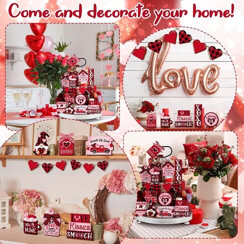 Ferraycle 24 Pcs Valentine's Day Tiered Tray Decorations Farmhouse Gnome Heart Wooden Table Sign Rustic Tiered Tray Decorations for Home Decor(Cute) in Kuwait