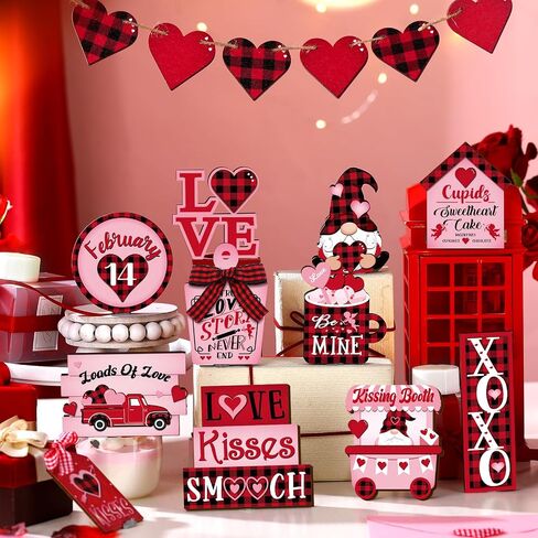Ferraycle 24 Pcs Valentine's Day Tiered Tray Decorations Farmhouse Gnome Heart Wooden Table Sign Rustic Tiered Tray Decorations for Home Decor(Cute) in Kuwait