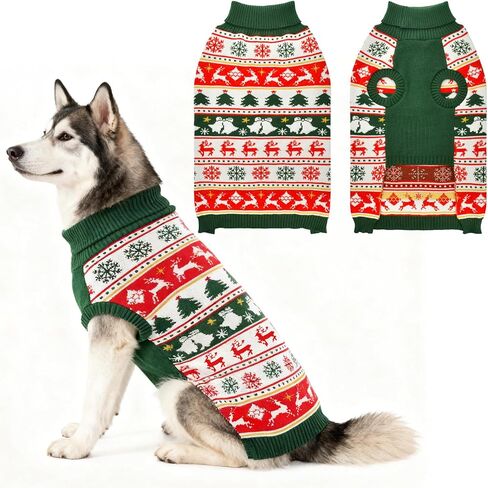 Vehomy Dog Christmas Sweater Warm Dog Xmas Turtleneck Sweater with Snowflakes Reindeers Bells Dog Knitwear Chirstmas Knitted Shirt Pullover Clothes for Medium Large Dogs XXL in Kuwait