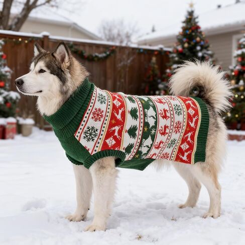 Vehomy Dog Christmas Sweater Warm Dog Xmas Turtleneck Sweater with Snowflakes Reindeers Bells Dog Knitwear Chirstmas Knitted Shirt Pullover Clothes for Medium Large Dogs XXL in Kuwait