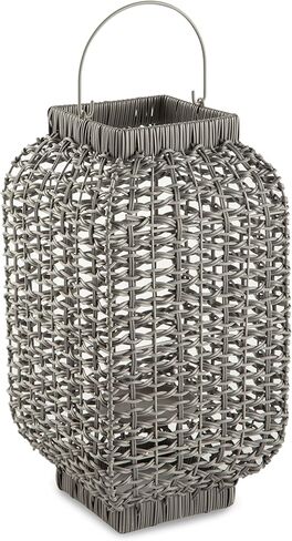 Signature Design by Ashley Evonne 14" Indoor/Outdoor Casual Square Faux Rattan Lantern for One 3" Pillar Candle, Light Gray in Saudi Arabia
