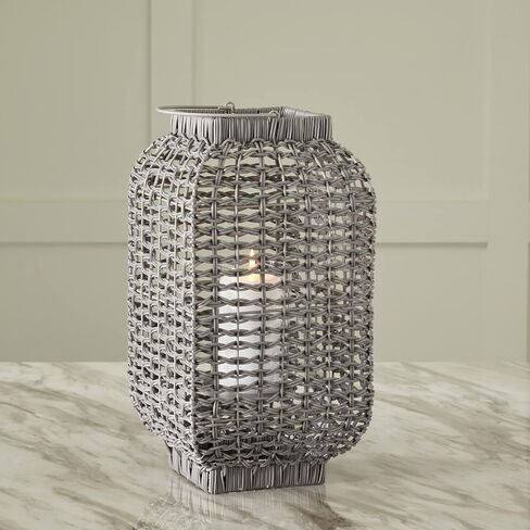 Signature Design by Ashley Evonne 14" Indoor/Outdoor Casual Square Faux Rattan Lantern for One 3" Pillar Candle, Light Gray in Saudi Arabia