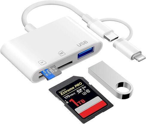SD Card Reader for iPhone iPad Mac Dual Connector, USB C Memory Card Reader, SD Card Adapter to iPhone Support SD/Micro SD/USB-A 3 Slot, Digital Camera Card Viewer to iPhone, Plug and Play in Kuwait
