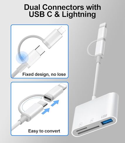 SD Card Reader for iPhone iPad Mac Dual Connector, USB C Memory Card Reader, SD Card Adapter to iPhone Support SD/Micro SD/USB-A 3 Slot, Digital Camera Card Viewer to iPhone, Plug and Play in Kuwait