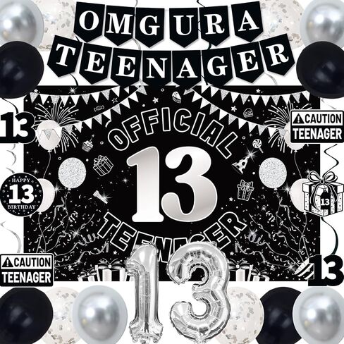 13th Birthday Decorations for Boys Girls, Blue Black Omg Ur A Teenager Birthday Party Decorations, Official 13 Teenager Backdrop, 13 Foil Balloons, Banner, Balloons, Hanging Swirls, Birthday Card Set in Kuwait
