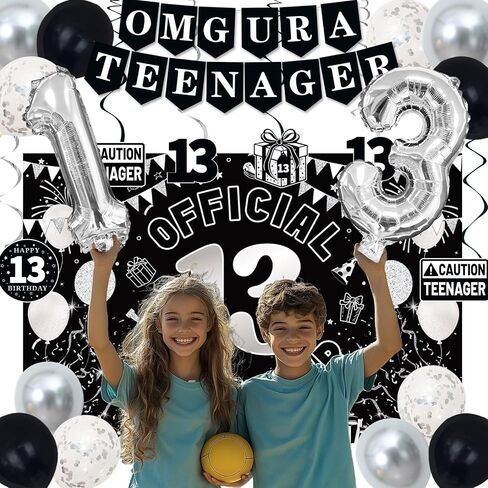13th Birthday Decorations for Boys Girls, Blue Black Omg Ur A Teenager Birthday Party Decorations, Official 13 Teenager Backdrop, 13 Foil Balloons, Banner, Balloons, Hanging Swirls, Birthday Card Set in Kuwait