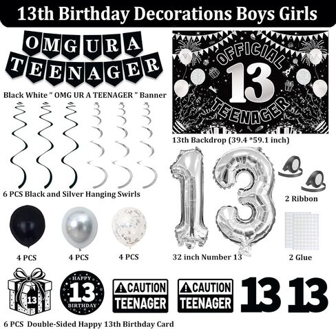 13th Birthday Decorations for Boys Girls, Blue Black Omg Ur A Teenager Birthday Party Decorations, Official 13 Teenager Backdrop, 13 Foil Balloons, Banner, Balloons, Hanging Swirls, Birthday Card Set in Kuwait