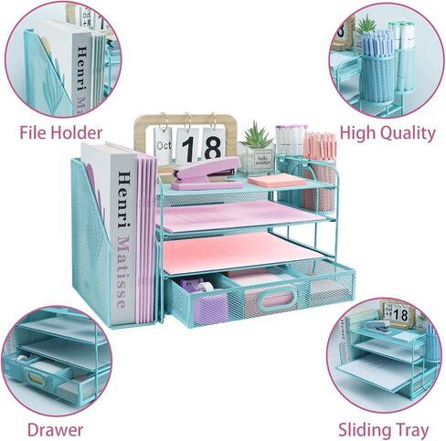 منظمي المكتب والملحقات مع حامل الملف ، ومنظم صينية رسائل ورقية من 4 مستويات مع درج وحامل قلم 2 ، منظم مستندات سطح المكتب الشبكي للودادة المكتبية ، مساحة العمل - الأسود in Kuwait