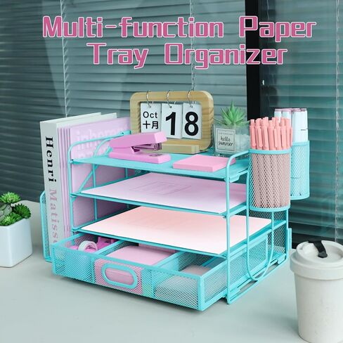 منظمي المكتب والملحقات مع حامل الملف ، ومنظم صينية رسائل ورقية من 4 مستويات مع درج وحامل قلم 2 ، منظم مستندات سطح المكتب الشبكي للودادة المكتبية ، مساحة العمل - الأسود in Kuwait