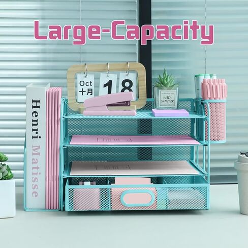 منظمي المكتب والملحقات مع حامل الملف ، ومنظم صينية رسائل ورقية من 4 مستويات مع درج وحامل قلم 2 ، منظم مستندات سطح المكتب الشبكي للودادة المكتبية ، مساحة العمل - الأسود in Kuwait