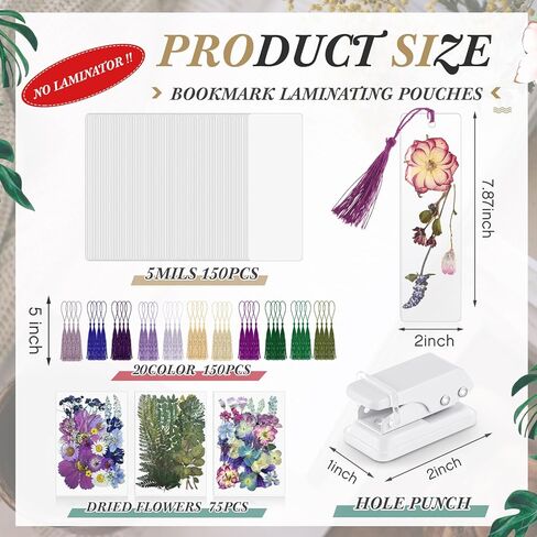 DIY Bookmark Making Kit 150 Pcs Bookmark Laminating Pouches with 150 Pcs Tassels 2 x 6 Inch Hot Laminator Sleeves 5 Mil Laminating Pouches Dried Flower for Book Lovers Nature Lovers in Kuwait