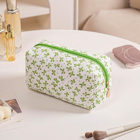 Cute Floral Cotton Makeup Bag, Quilted Makeup Bag for Women Girls, Travel Floral Cosmetic Bag Zipper Make Up Pouch, Flowers Toiletry Organizer Bag (Small Red Bowknot) in Saudi Arabia