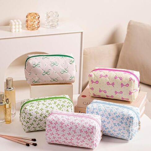 Cute Floral Cotton Makeup Bag, Quilted Makeup Bag for Women Girls, Travel Floral Cosmetic Bag Zipper Make Up Pouch, Flowers Toiletry Organizer Bag (Small Red Bowknot) in Saudi Arabia
