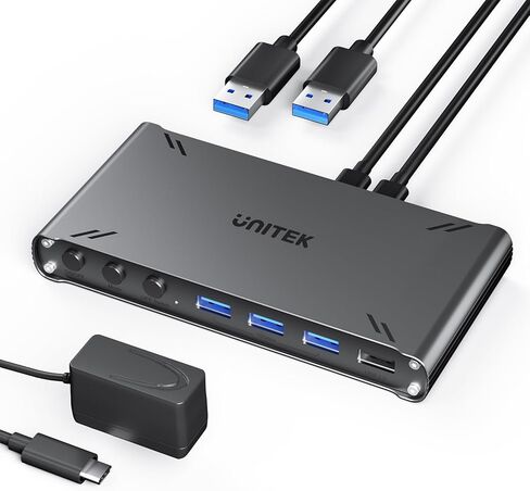 Unitek DP KVM Switch 1 Monitor 2 Computers USB 3.0 8K@60Hz KVM Switches 4 USB Ports for 2 Computers Sharing Monitor Keyboard Mouse Hard Drives EDID Adaptive 2 USB Cable DC5V Adapter and Controller in Kuwait