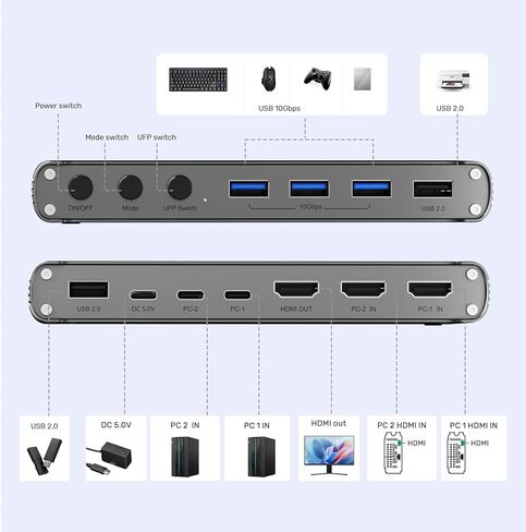 Unitek DP KVM Switch 1 Monitor 2 Computers USB 3.0 8K@60Hz KVM Switches 4 USB Ports for 2 Computers Sharing Monitor Keyboard Mouse Hard Drives EDID Adaptive 2 USB Cable DC5V Adapter and Controller in Kuwait