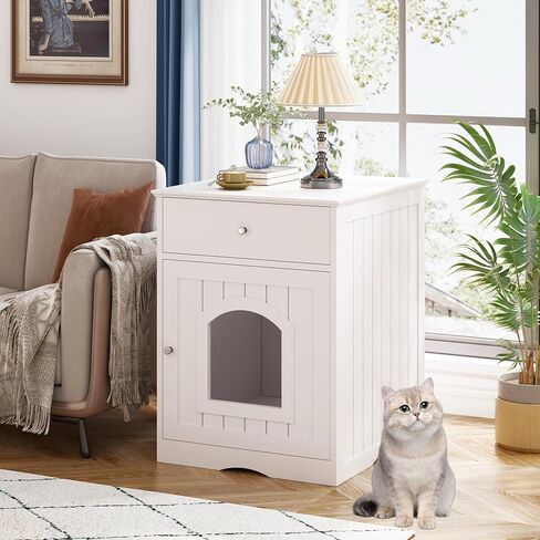 Litter Box Enclosure, Hidden Cat Litter Box Cabinet with Drawer, Wooden Pet Crate, Litter Box Furniture as Cat House, End Table, Fit Most of Litter Box (White) in Saudi Arabia