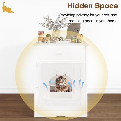 Litter Box Enclosure, Hidden Cat Litter Box Cabinet with Drawer, Wooden Pet Crate, Litter Box Furniture as Cat House, End Table, Fit Most of Litter Box (White) in Saudi Arabia